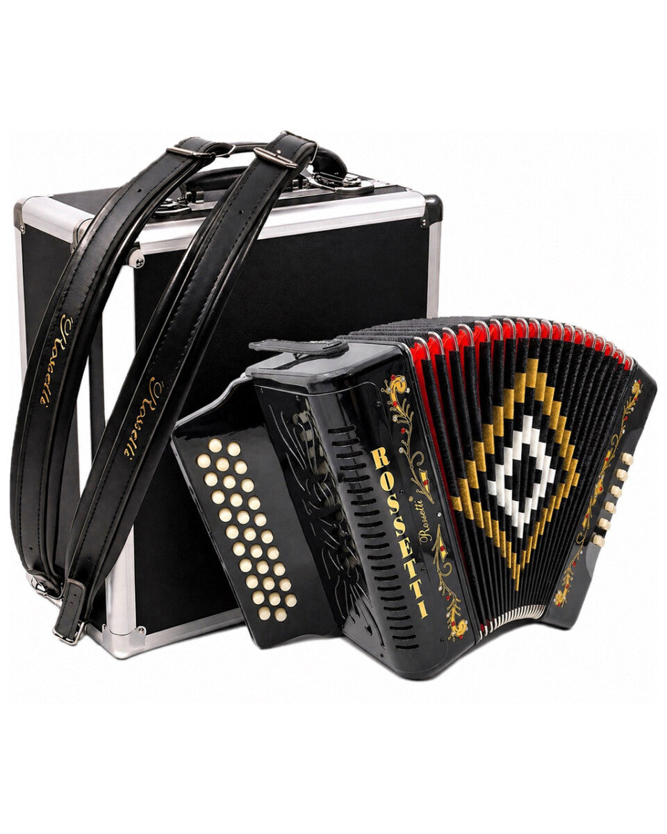 Rossetti 3112-GCF-BK 3 Row 31 Treble, 12 Bass Diatonic Button Accordion in Black - G, C, F Tuning